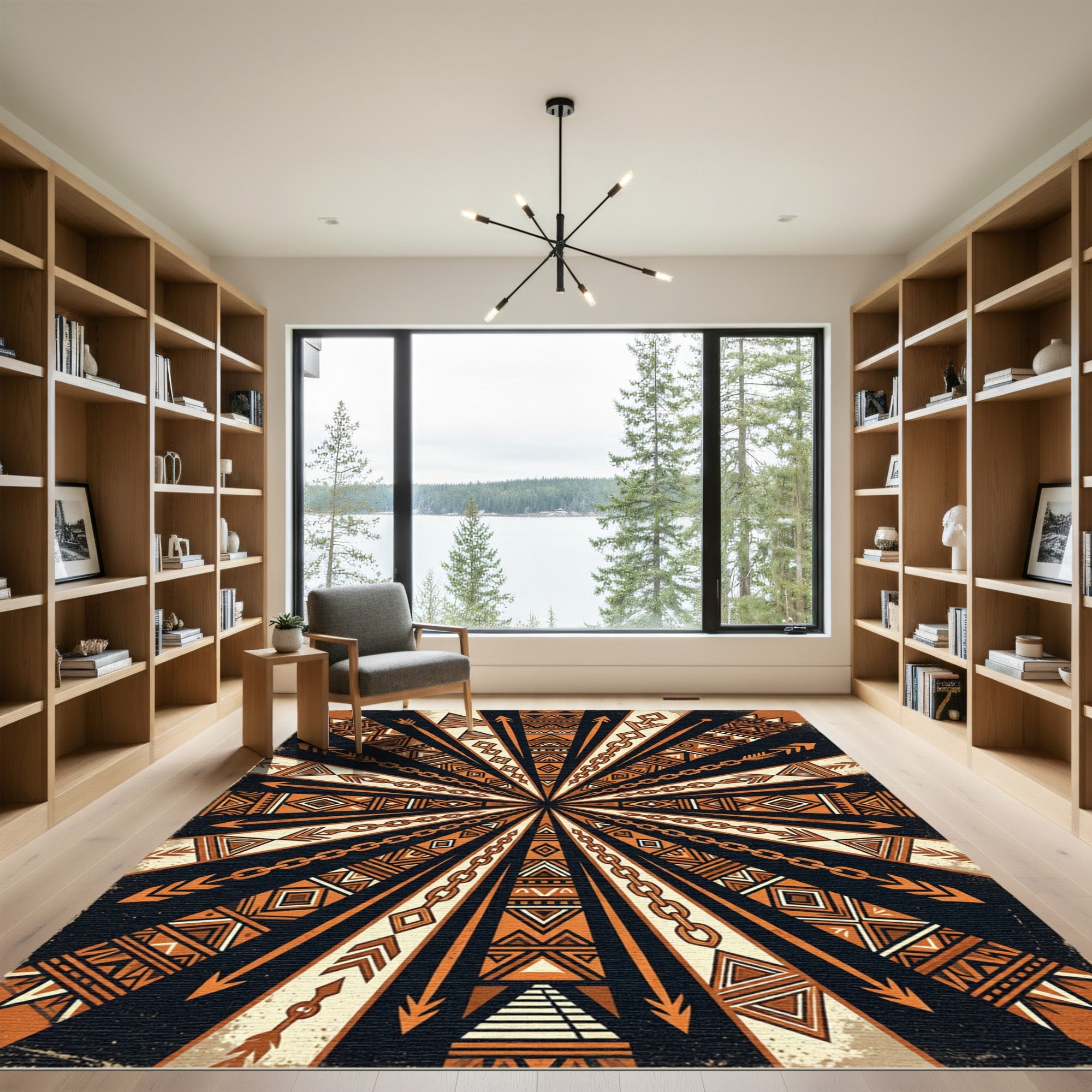 Earthy Terracotta Geometric Sunburst Arrow Rug