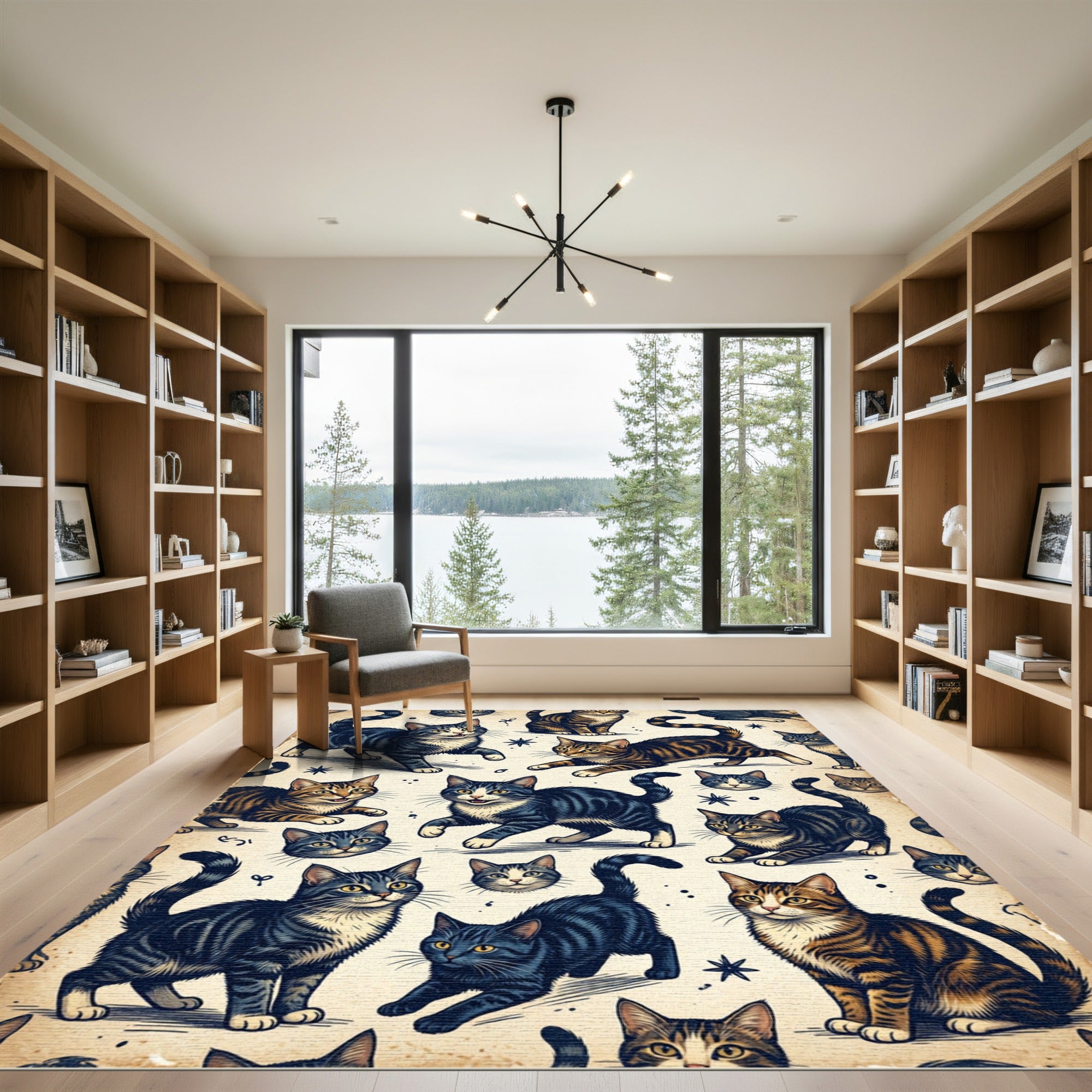 Whimsical Hand Drawn Tabby Cat Illustration Rug