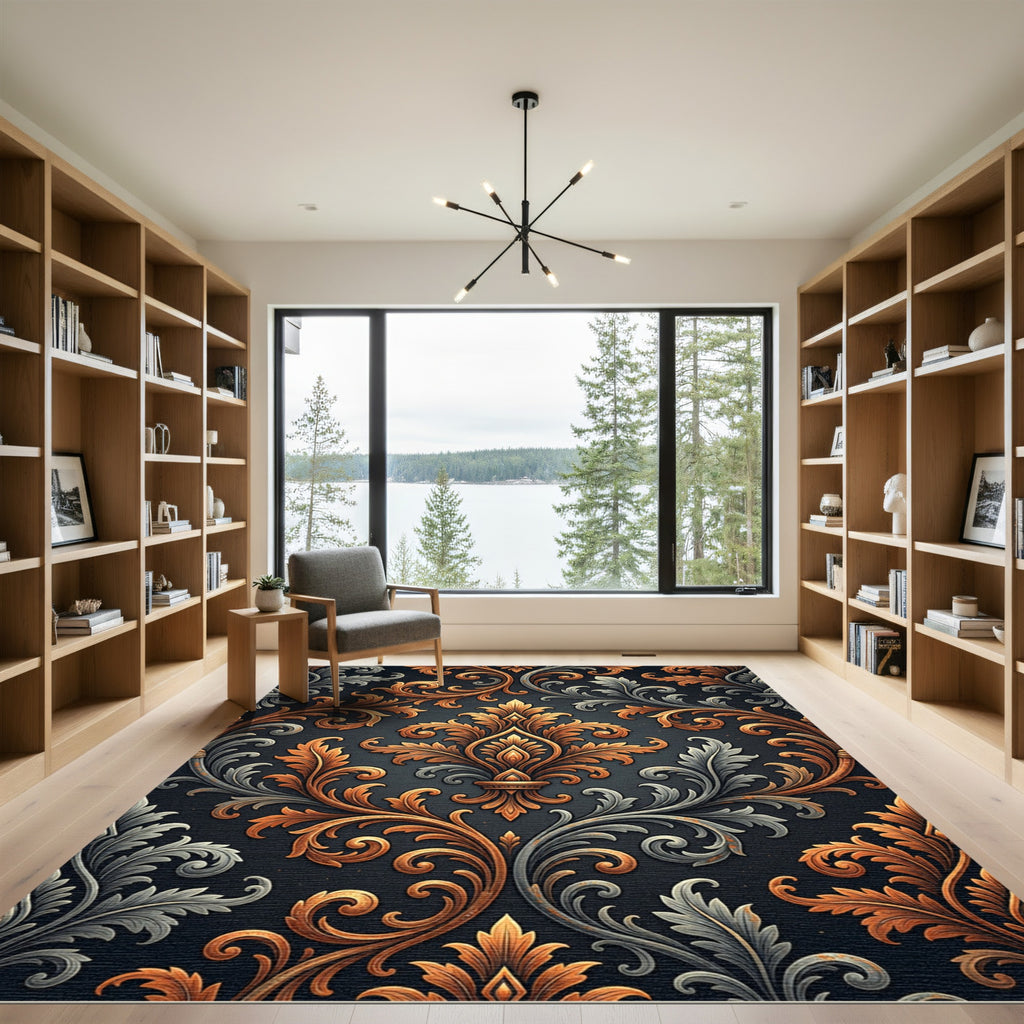 Ornate Gold Silver Damask Scrolls Rug