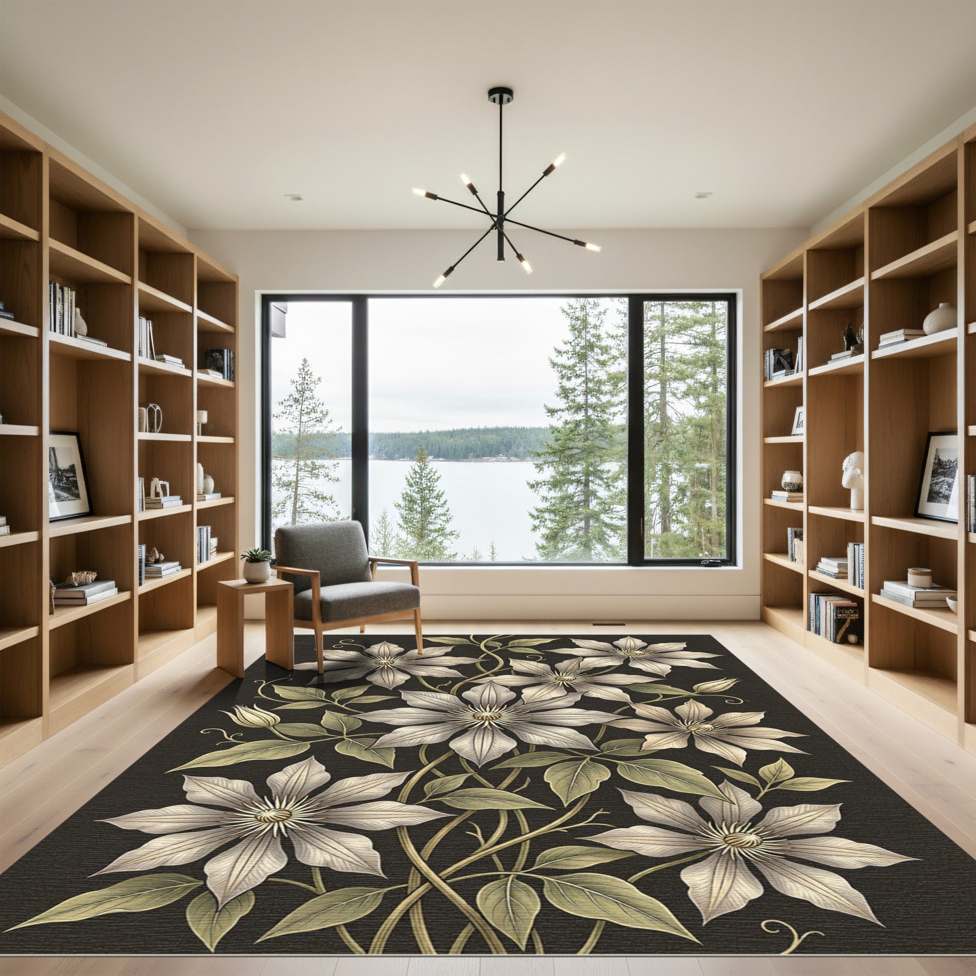 Elegant White Clematis Botanical Floral Rug