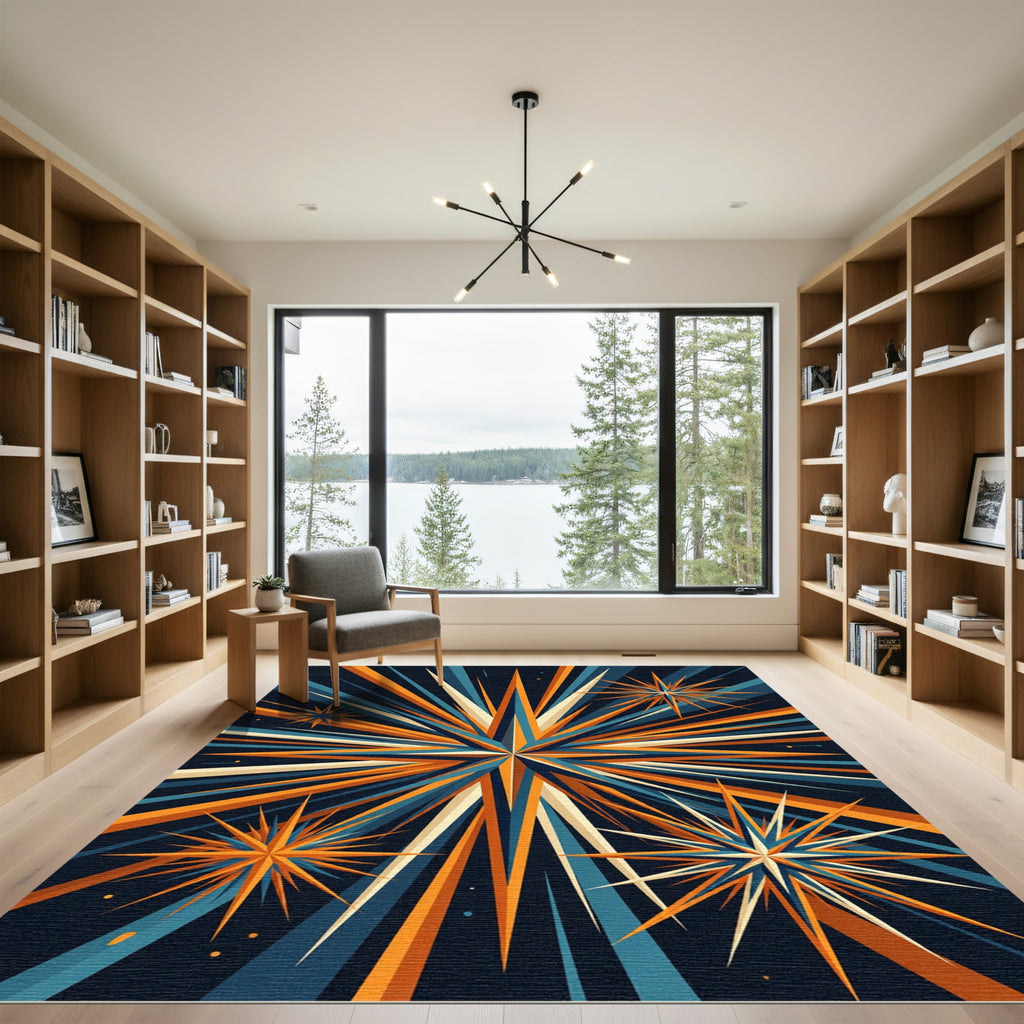 Geometric Starburst Navy and Orange Radial Abstract Rug