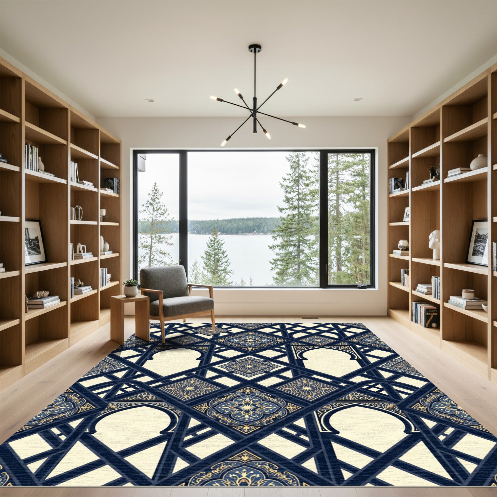 Rich Navy Gold Arch Medallion Lattice Rug