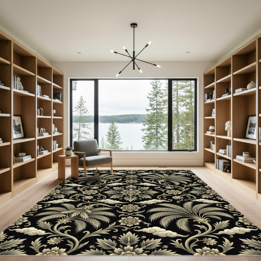 Golden Palm Tree Floral Swirls Rug