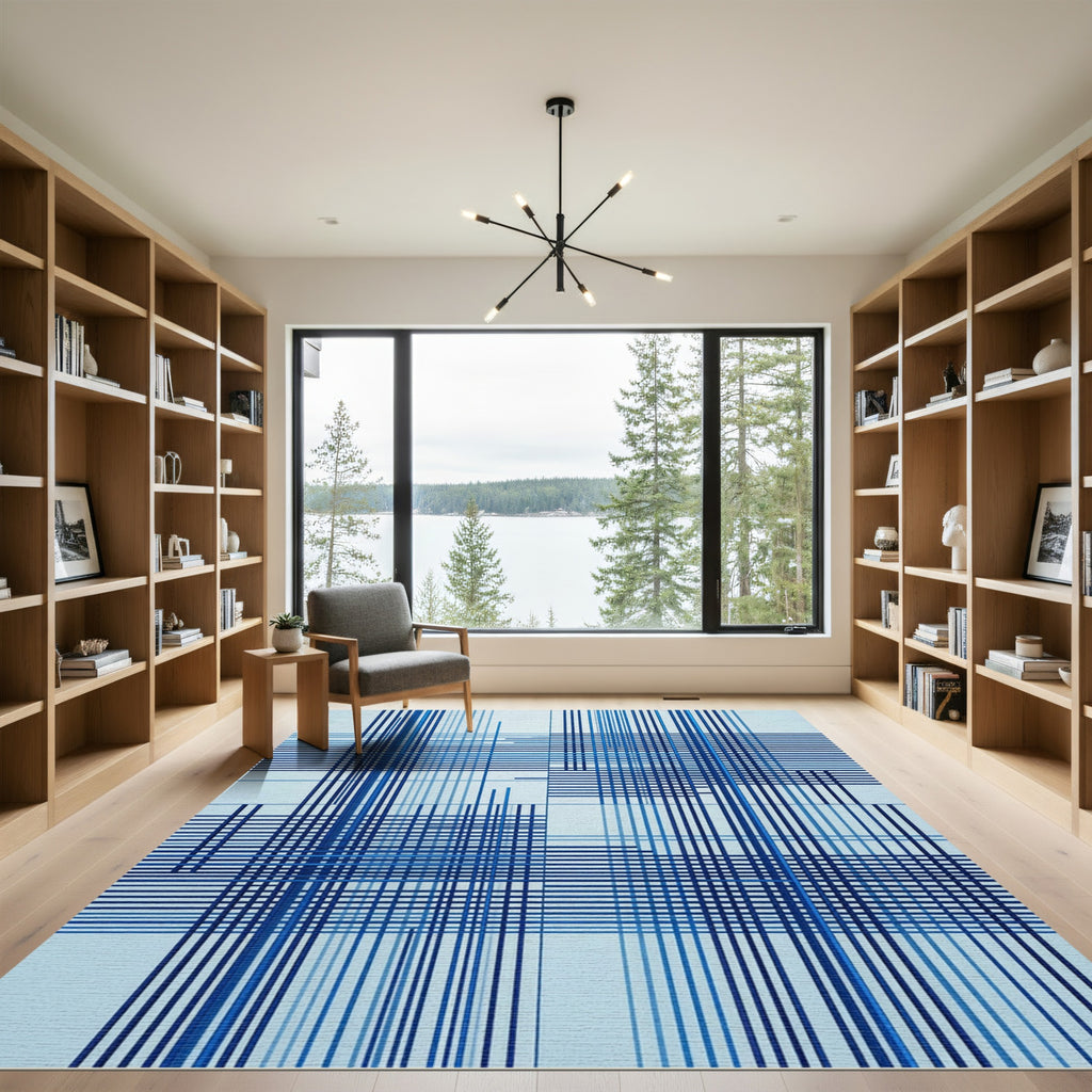 Linear Blue Abstract Grid Art Rug