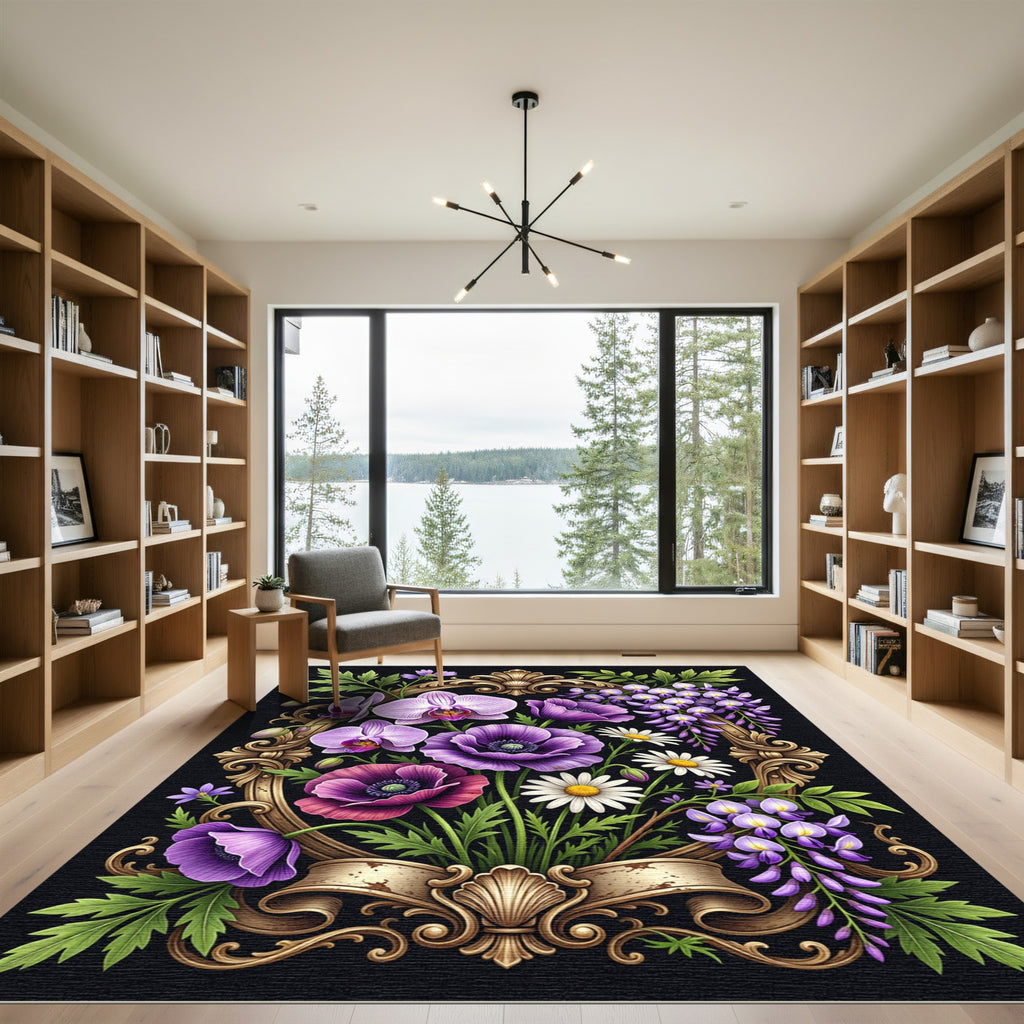 Elegant Purple Floral Ornate Frame Rug