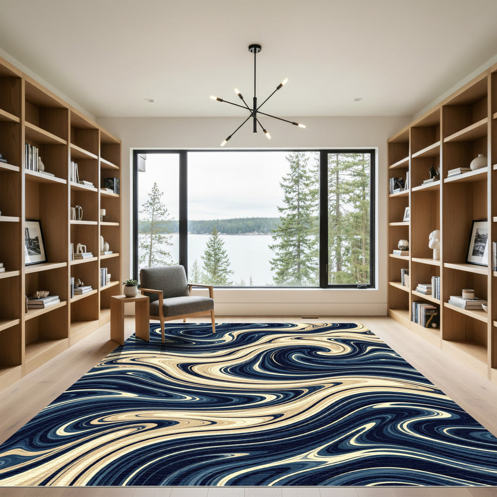 Deep Blue Cream Swirl Flow Rug
