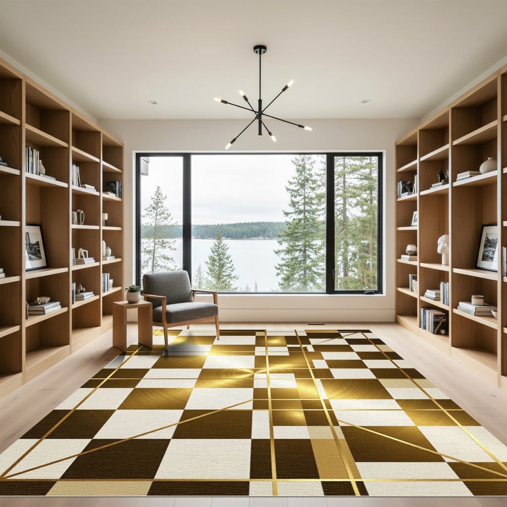 Geometric Golden White Abstract Squares Rug