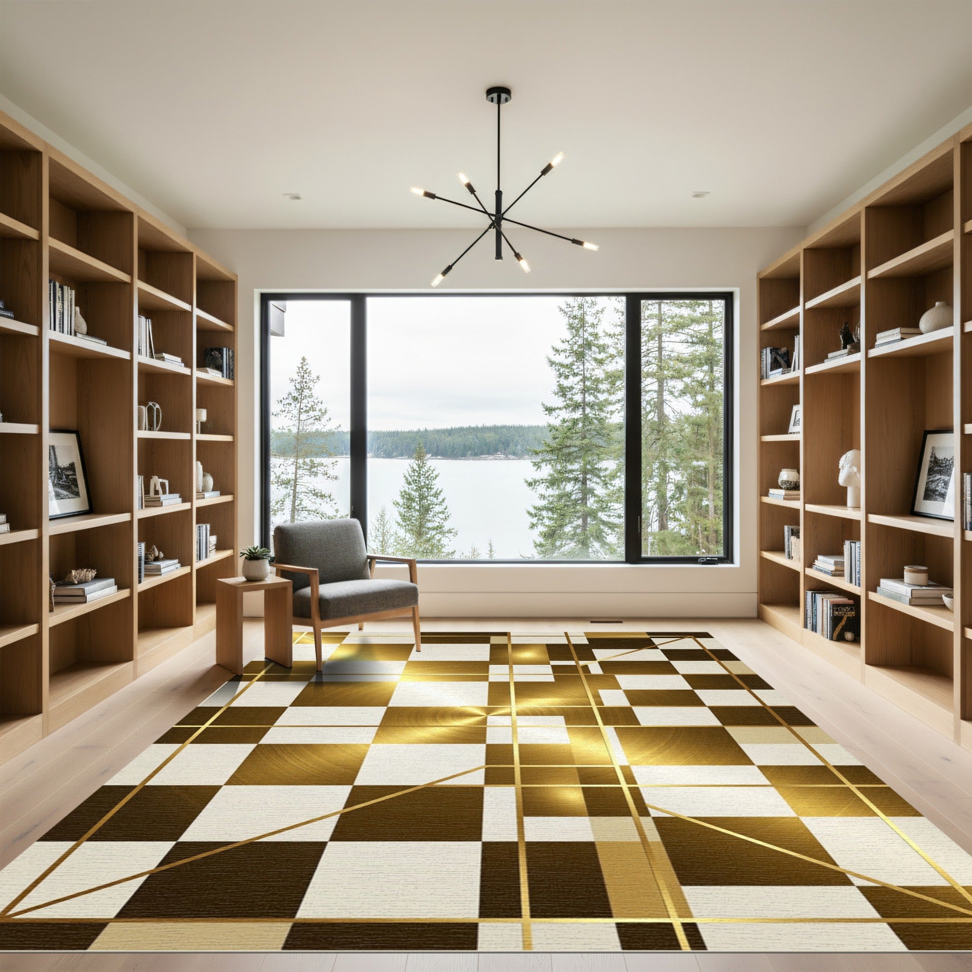 Geometric Golden White Abstract Squares Rug