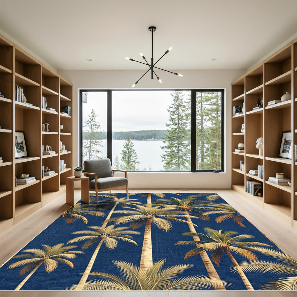 Tropical Golden Palm Navy Botanical Rug