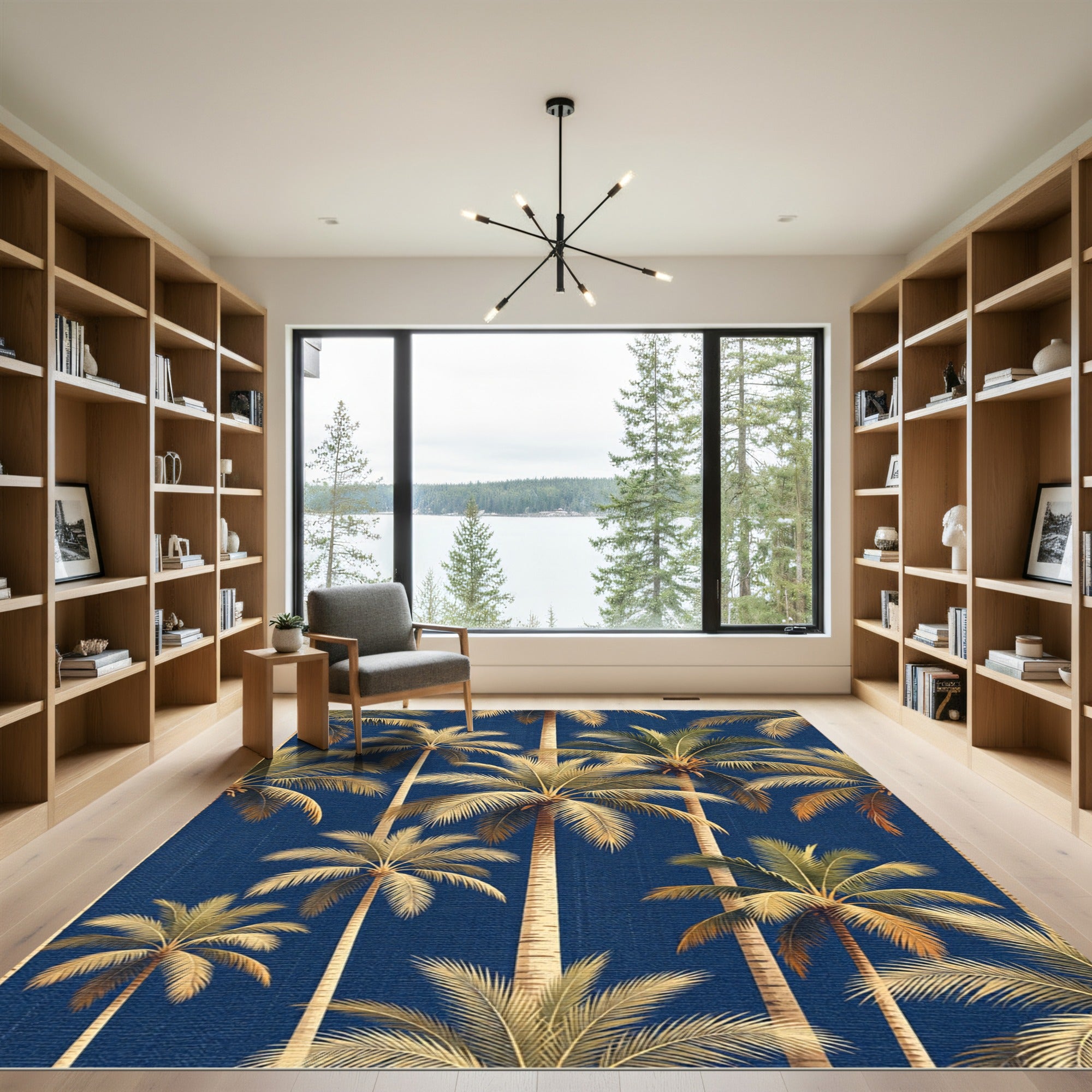 Tropical Golden Palm Navy Botanical Rug
