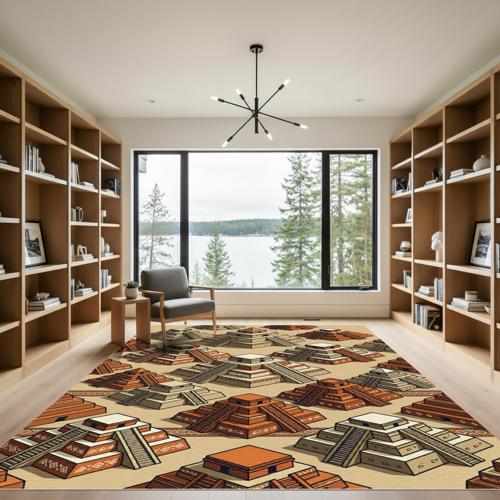 Isometric Terracotta Stone Mayan Pyramid Grid Rug