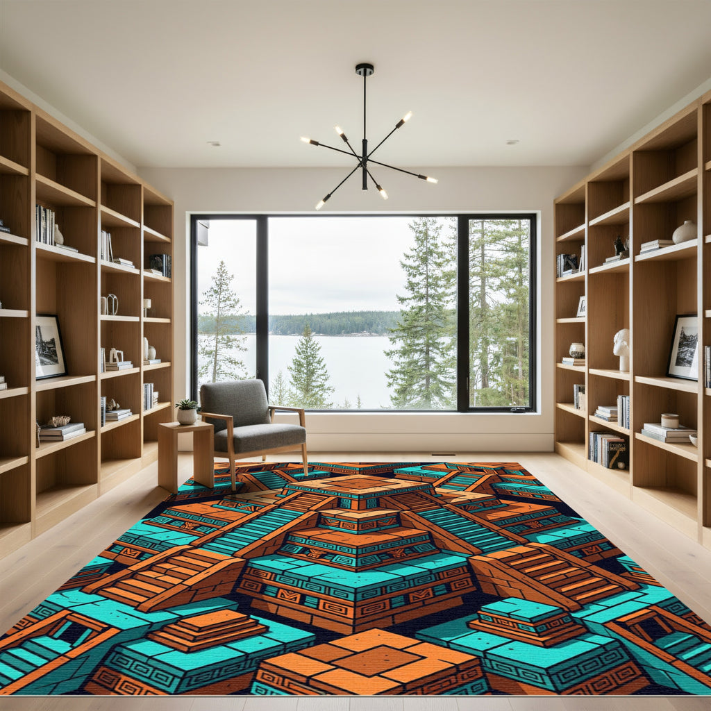 Geometric Mayan Step Temple Teal Orange Rug