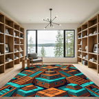 Geometric Mayan Step Temple Teal Orange Rug