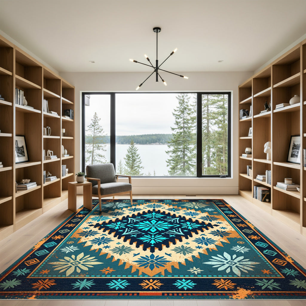 Teal Blue Geometric Floral Diamond Rug