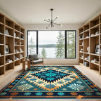 Teal Blue Geometric Floral Diamond Rug