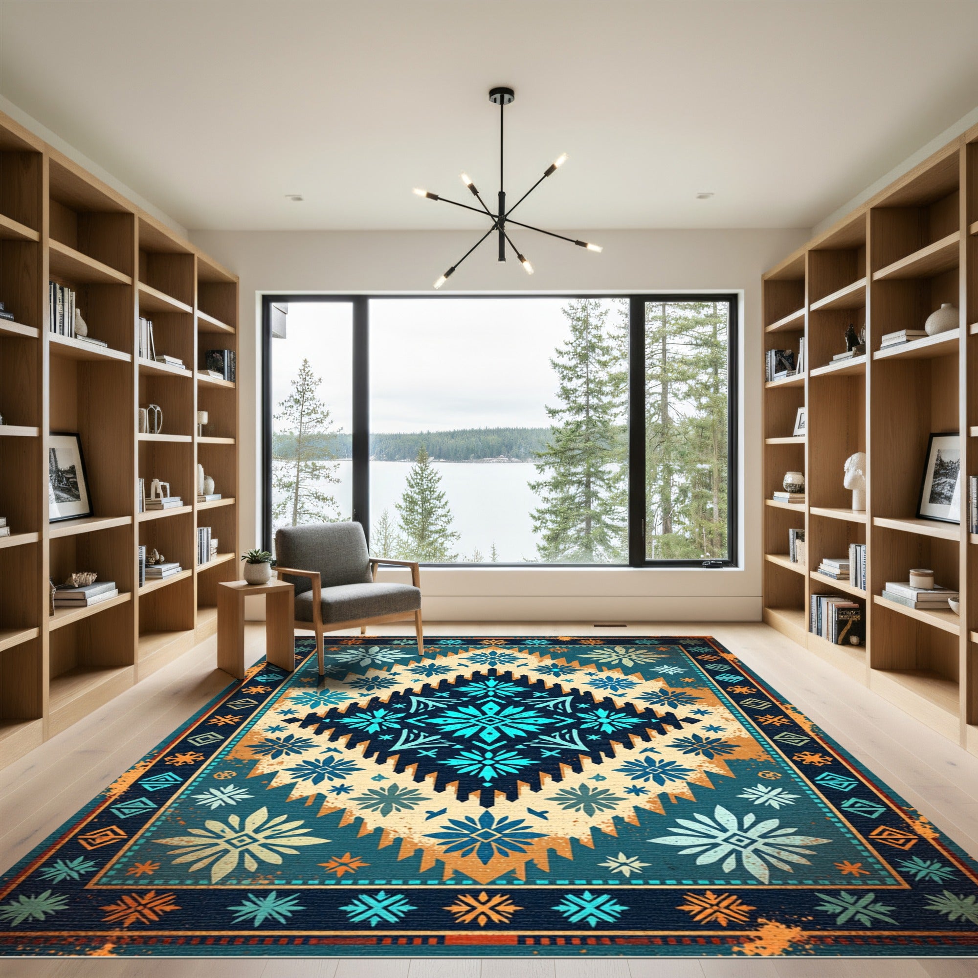 Teal Blue Geometric Floral Diamond Rug