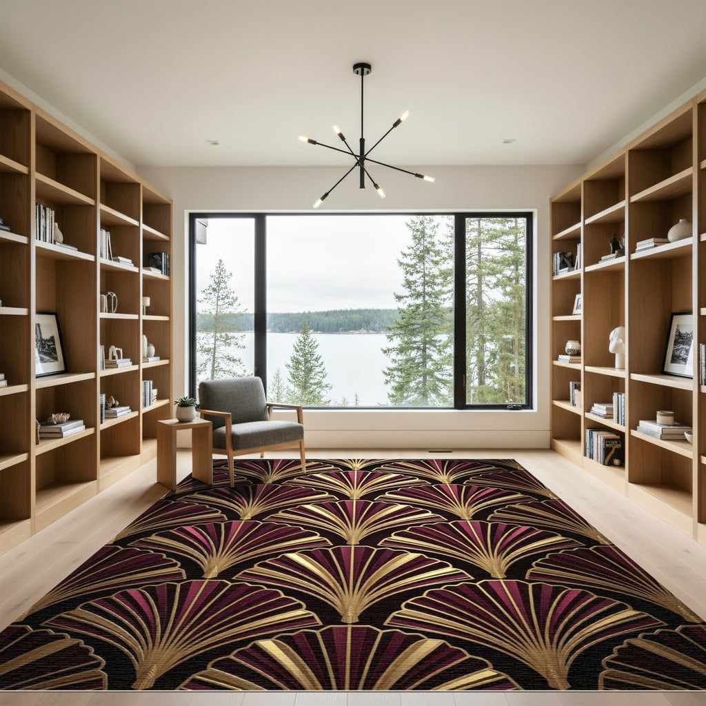 Art Deco Gold and Burgundy Fan Rug