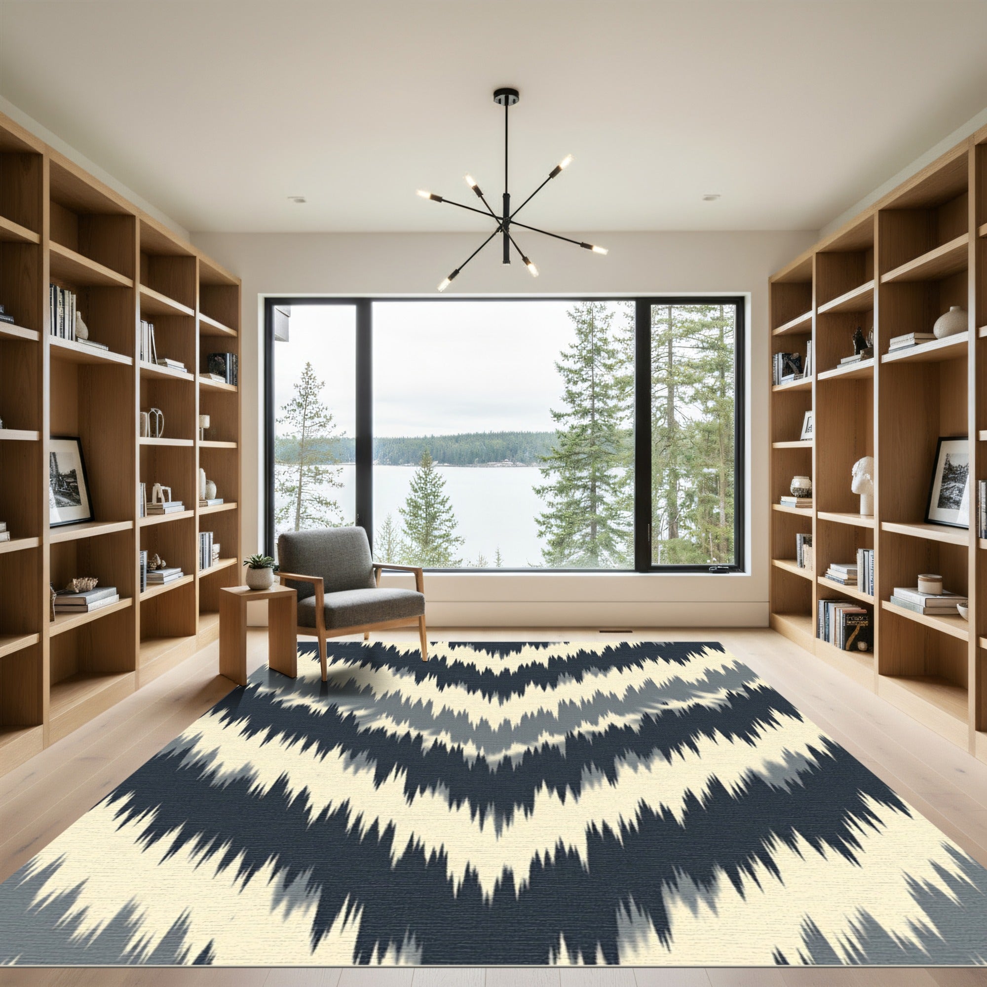 Charcoal and Cream Chevron Ikat Rug