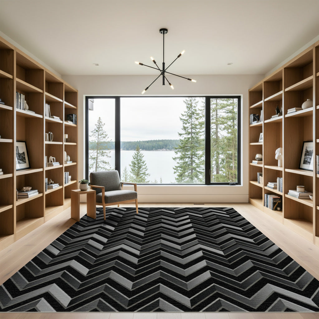 Modern Charcoal Geometric Chevron Rug