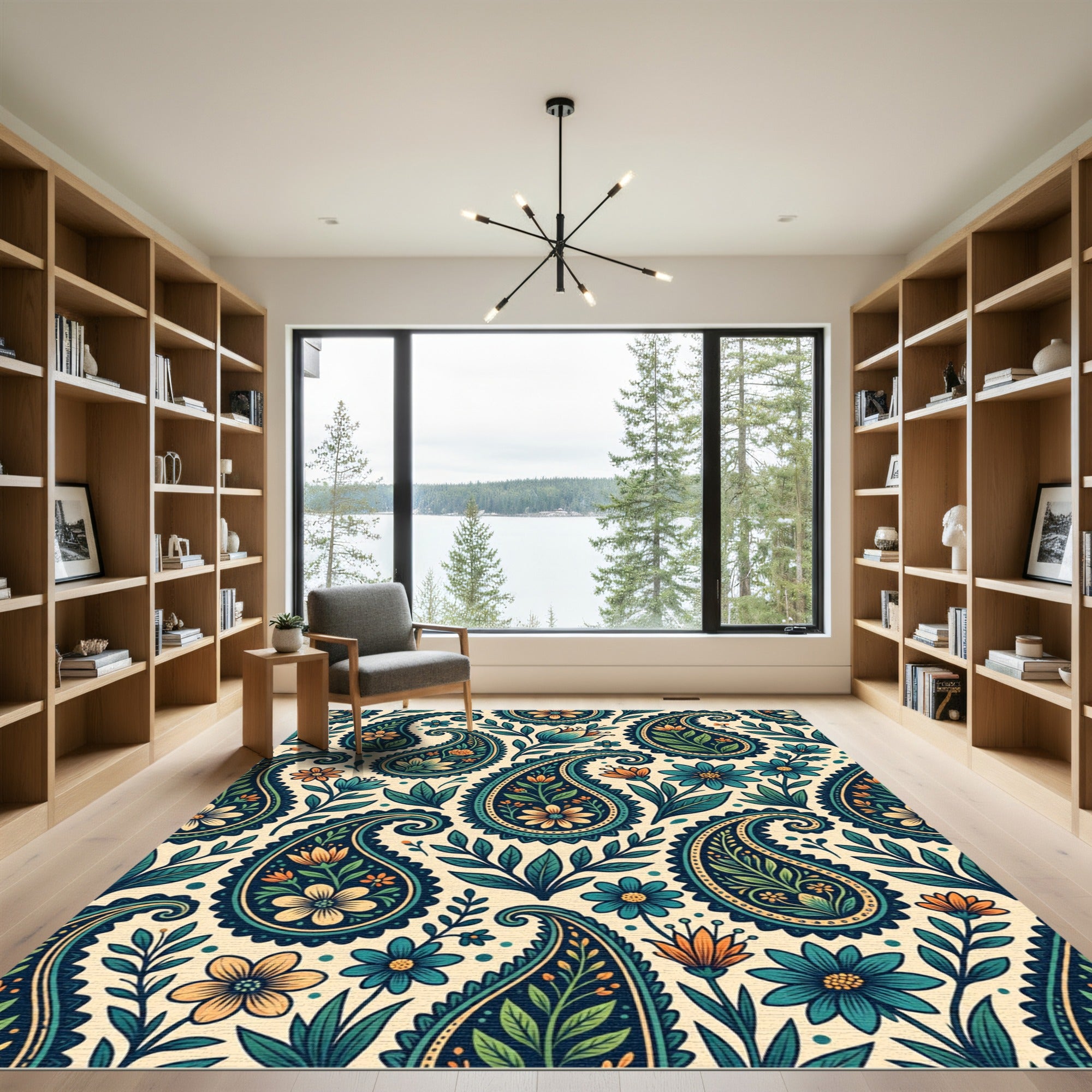 Teal Orange Paisley Floral Garden Rug