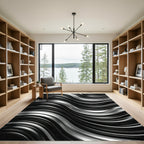 Sleek Silver Waves Black Fabric Rug