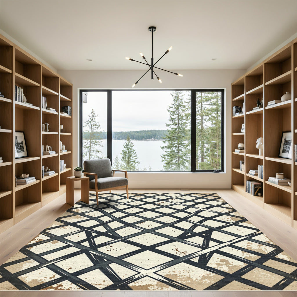 Distressed Charcoal Intersecting Grid Overlay Rug