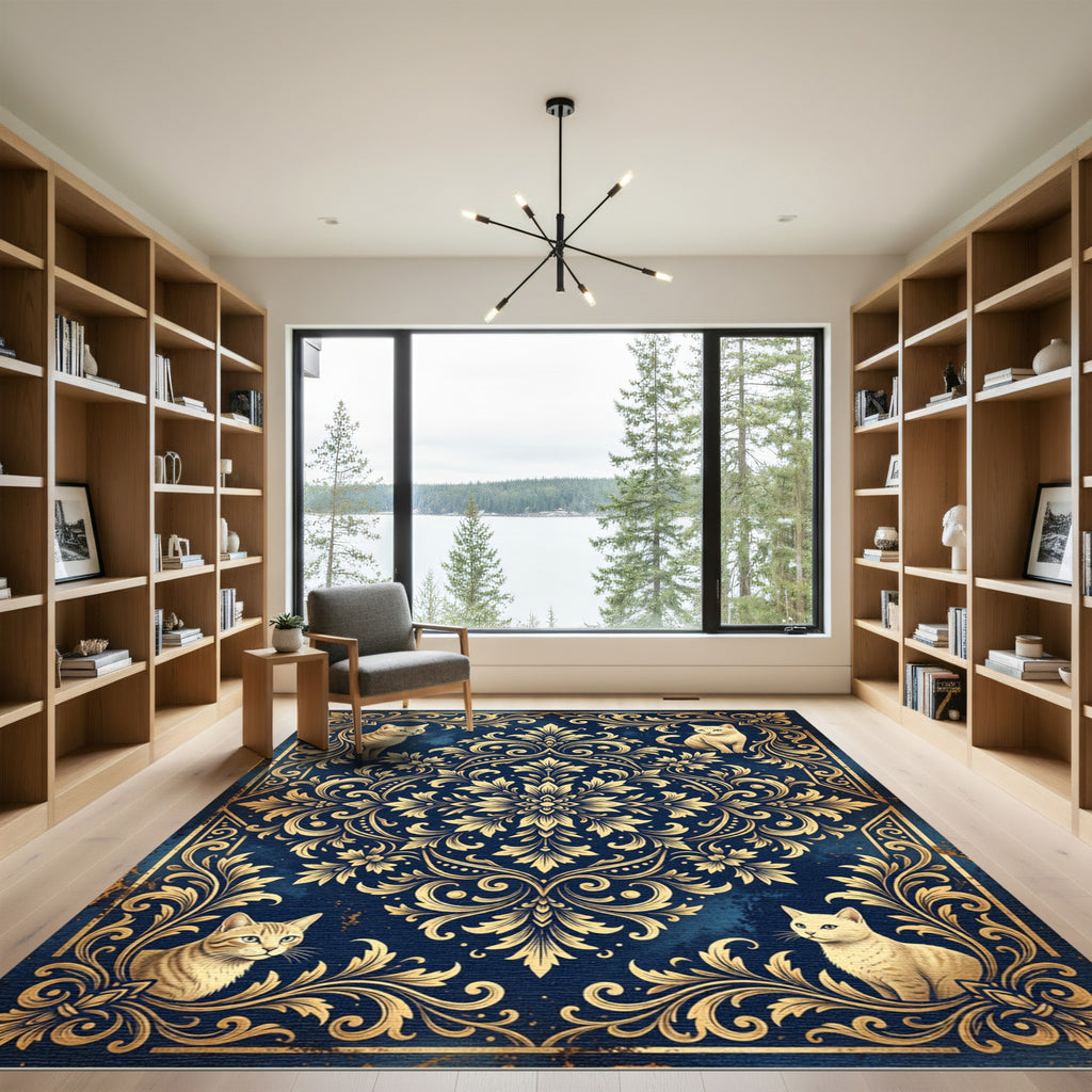 Elegant Navy Gold Baroque Feline Medallion Rug