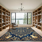 Elegant Navy Gold Baroque Feline Medallion Rug