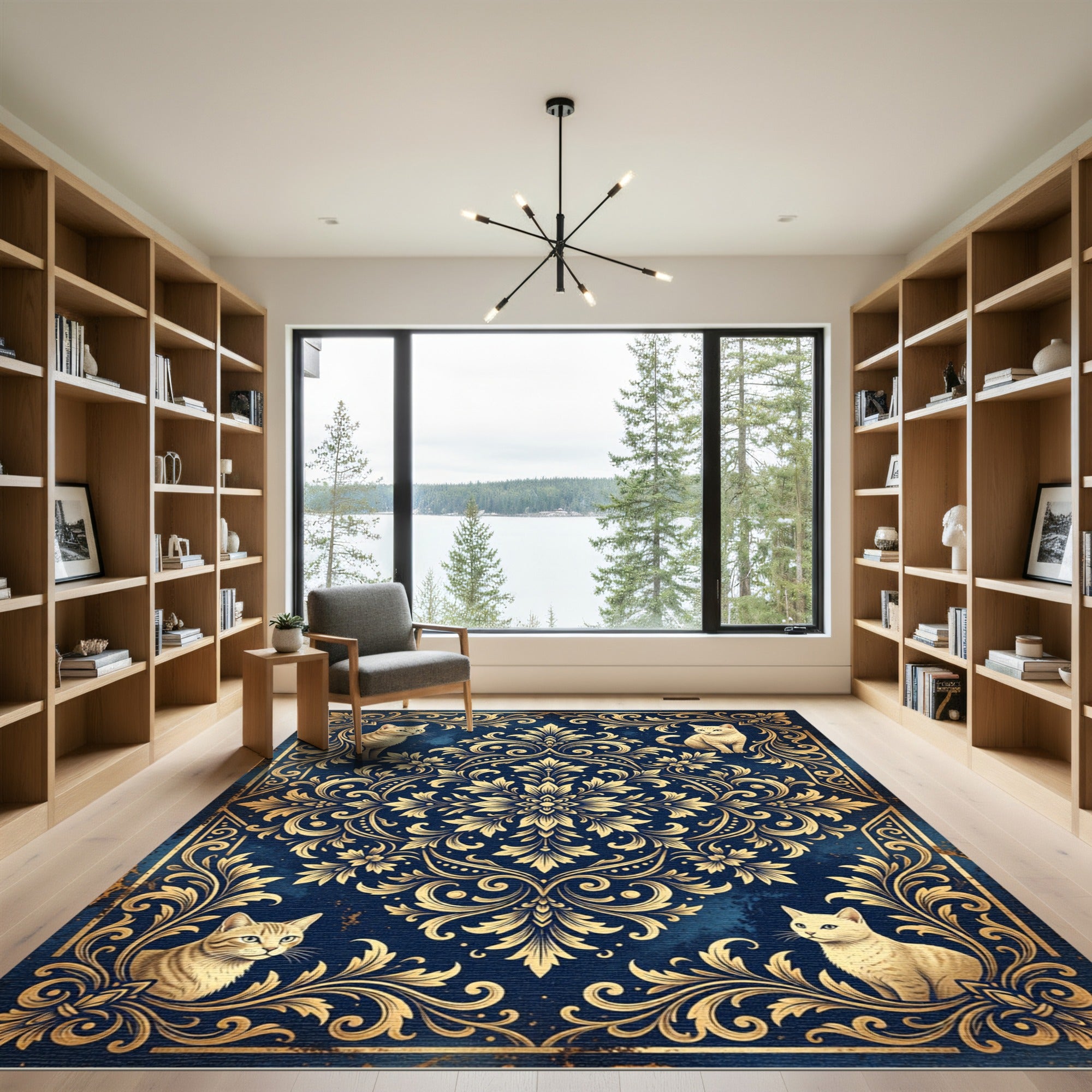 Elegant Navy Gold Baroque Feline Medallion Rug