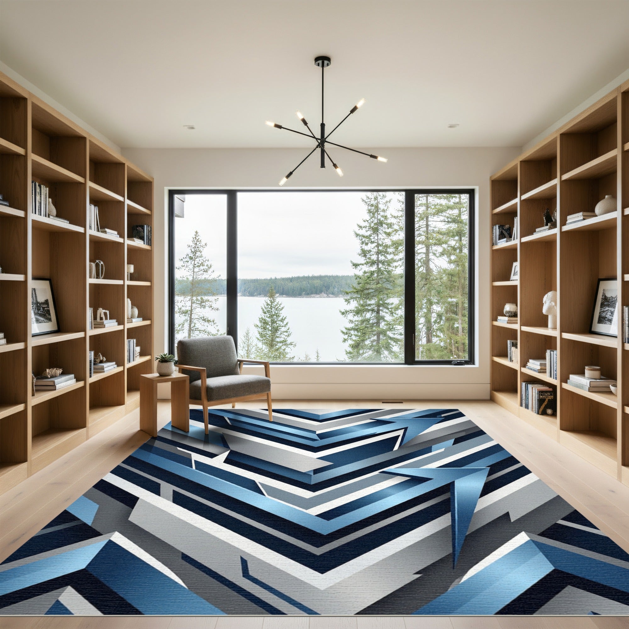Modern Blue Geometric Chevron Rug