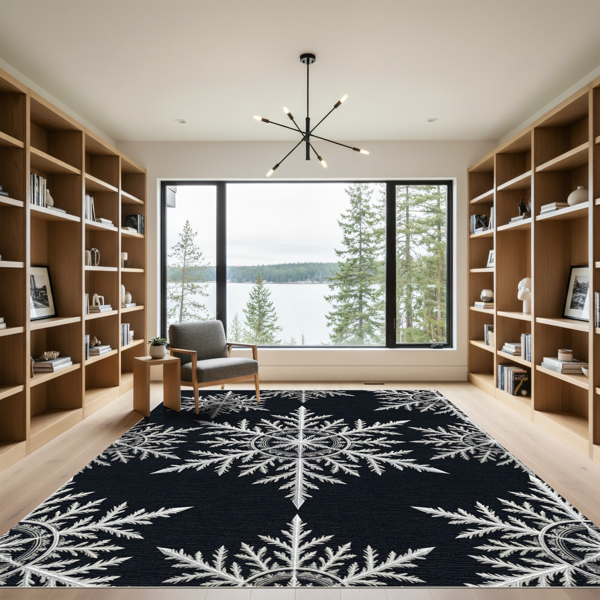 White Snowflake Patterned Black Ground Rug
