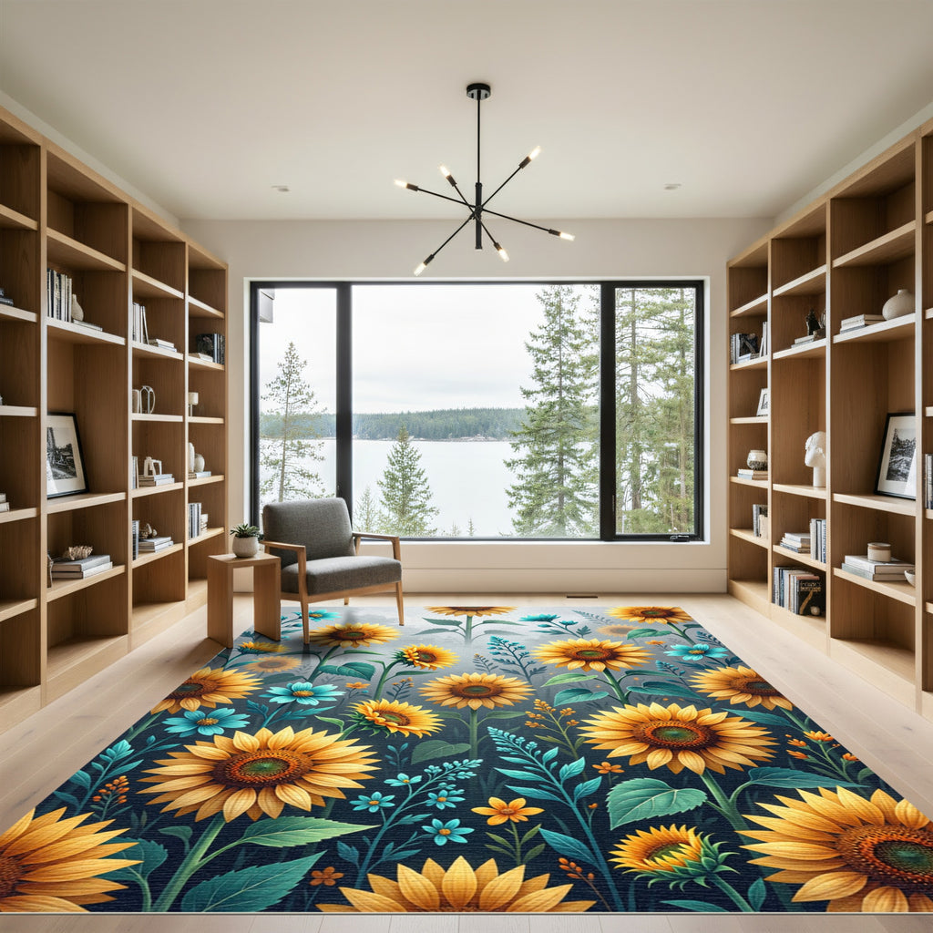 Sunlit Golden Sunflower and Teal Meadow Rug