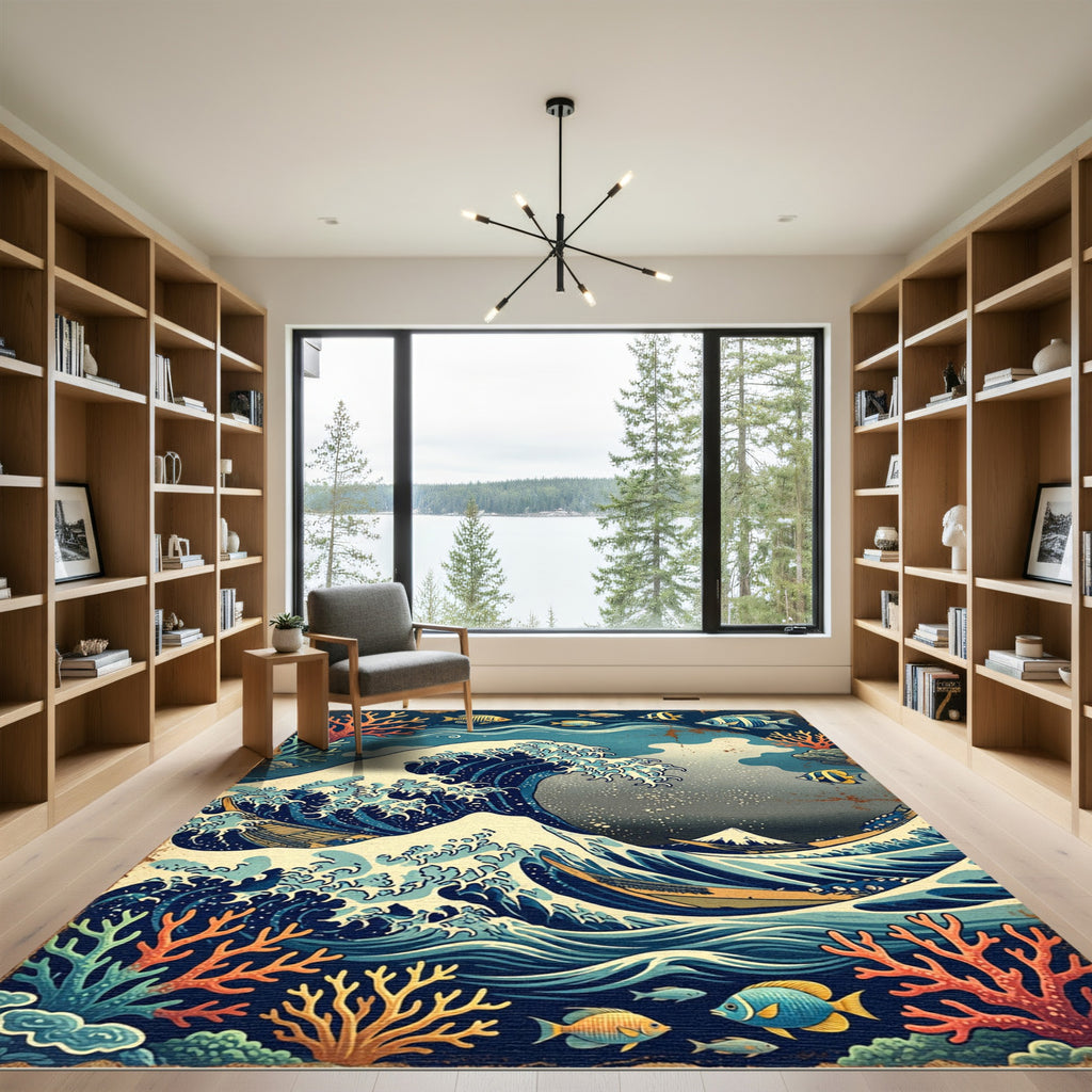 Japanese Great Wave Coral Ocean Art Rug