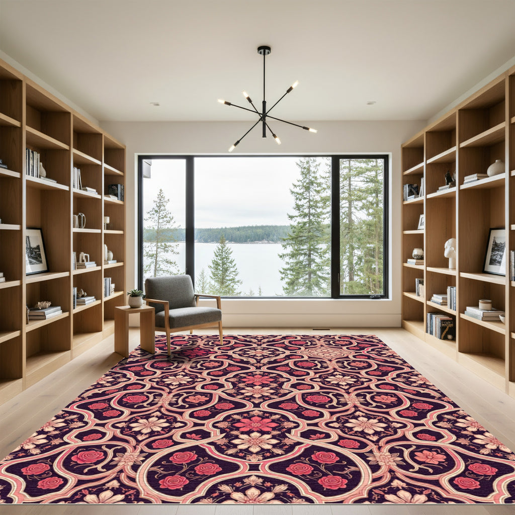 Elegant Rose Floral Damask Burgundy Rug