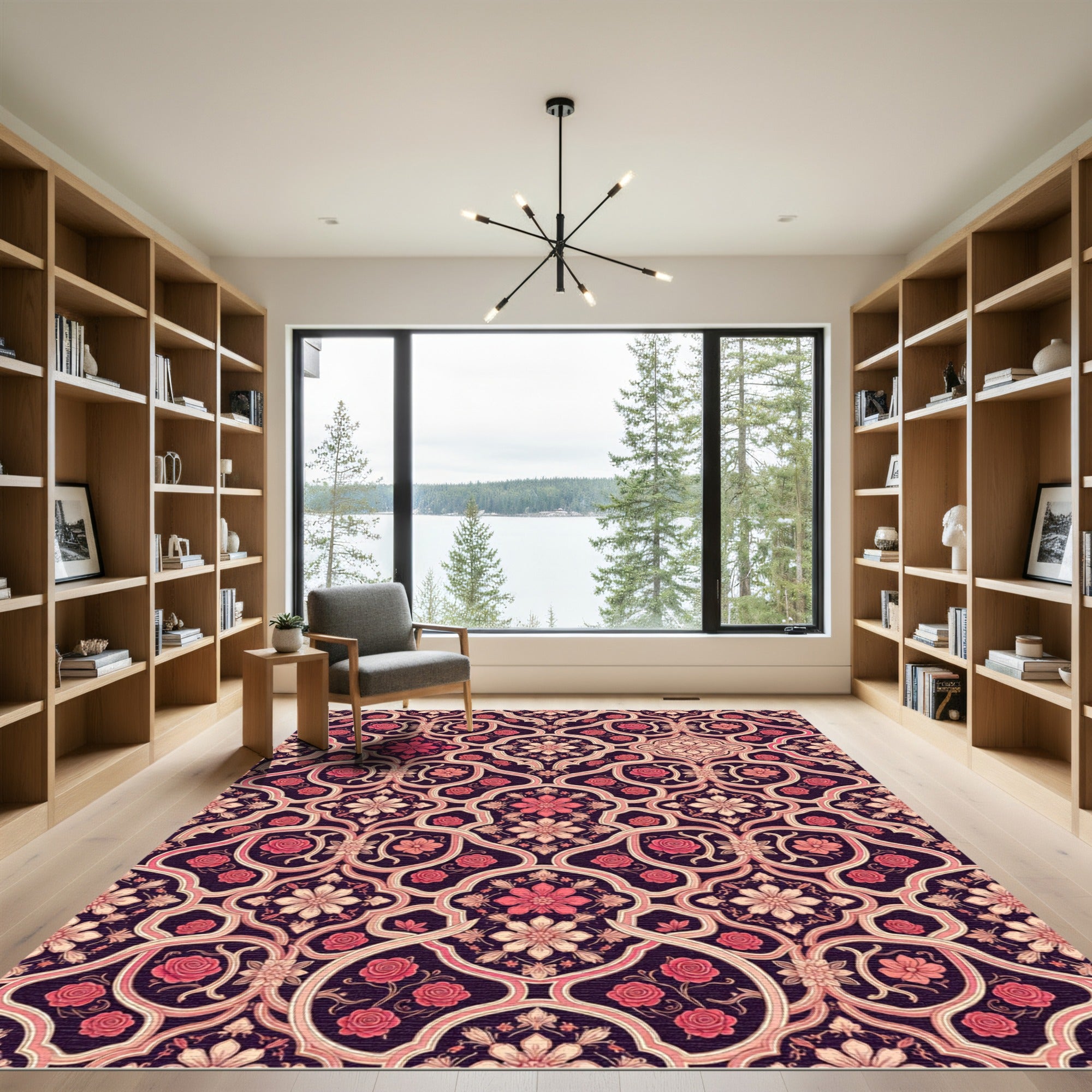 Elegant Rose Floral Damask Burgundy Rug