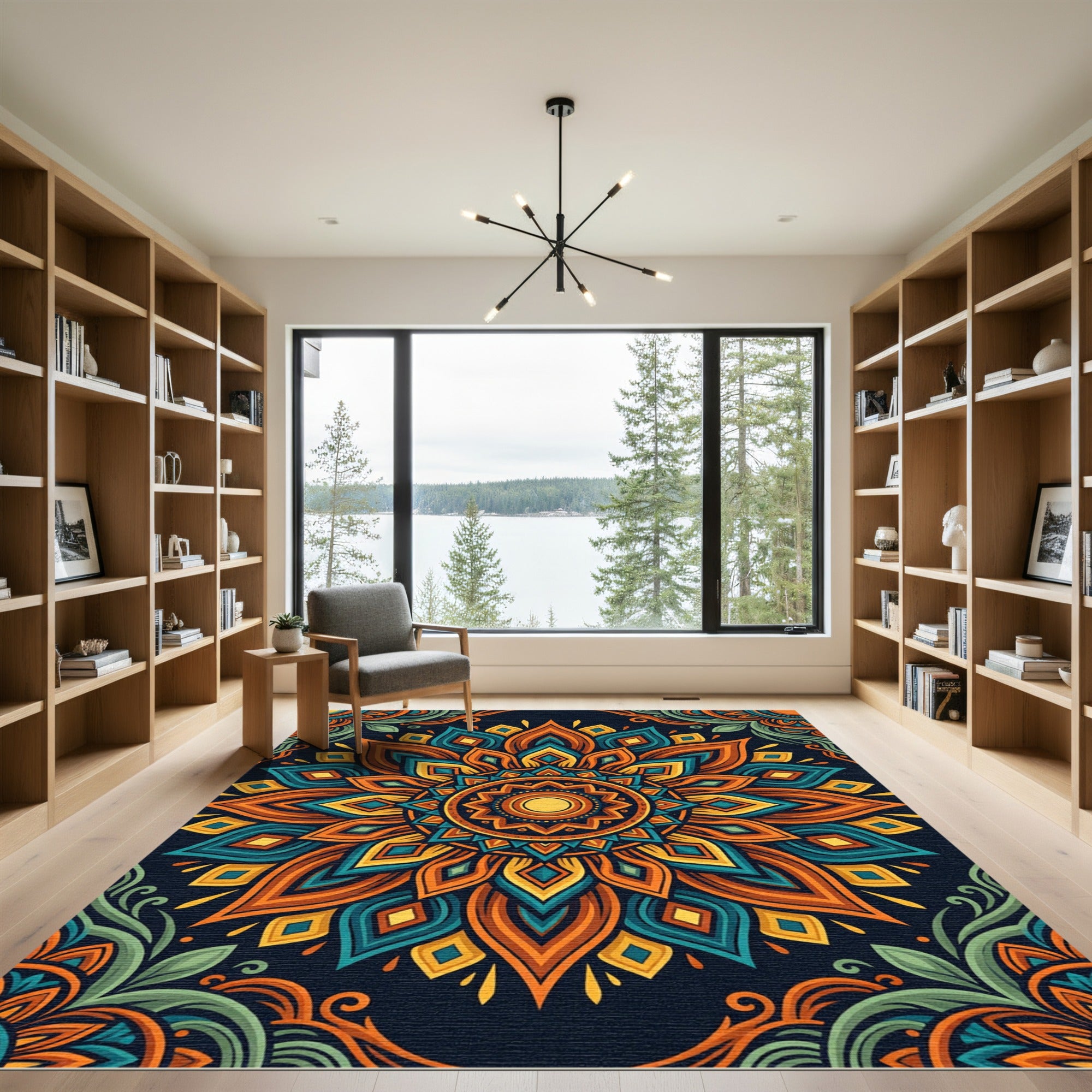 Radiant Orange Teal Floral Mandala Art Rug