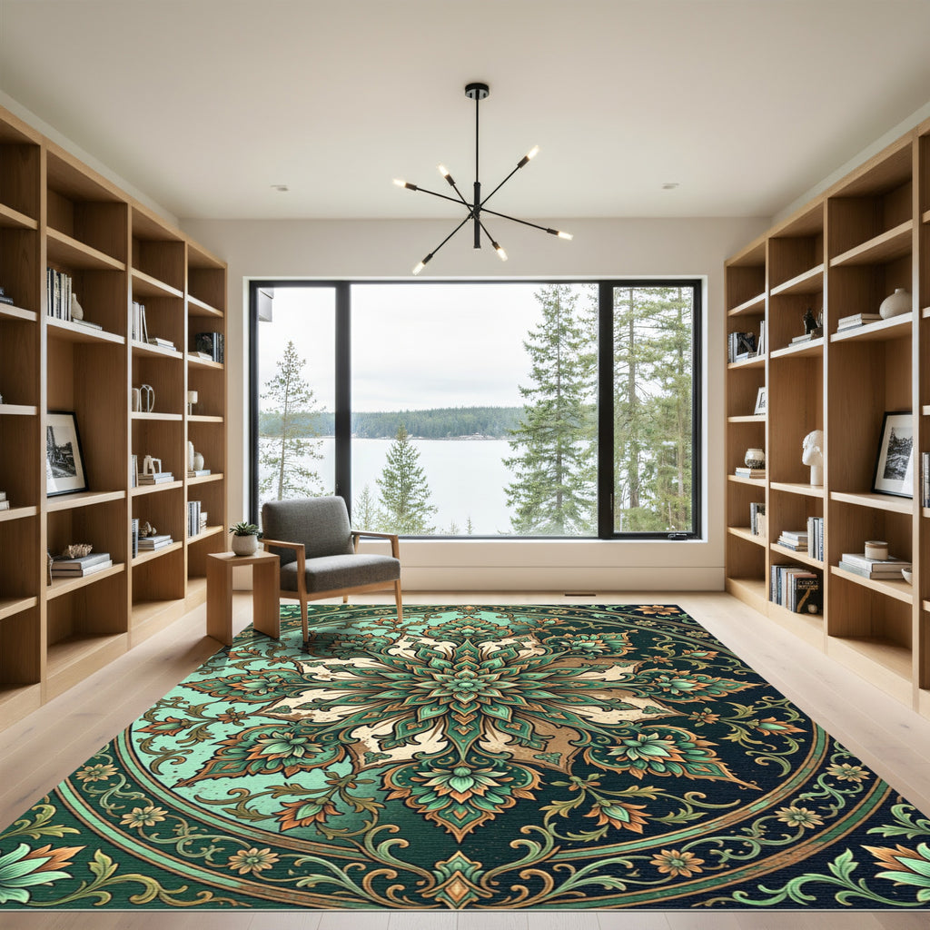 Emerald Teal Floral Medallion Rug