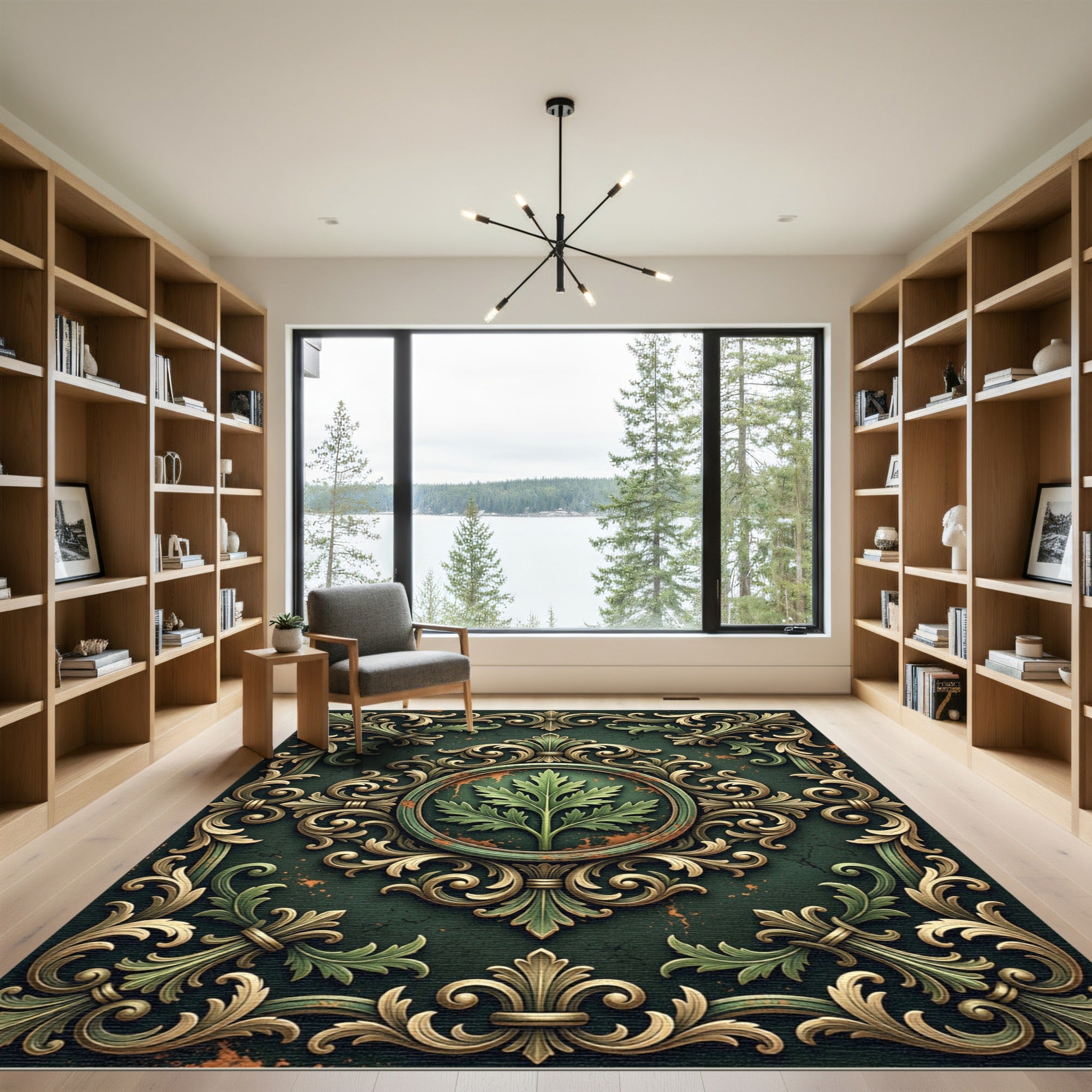 Ornate Emerald Leaf Filigree Medallion Rug