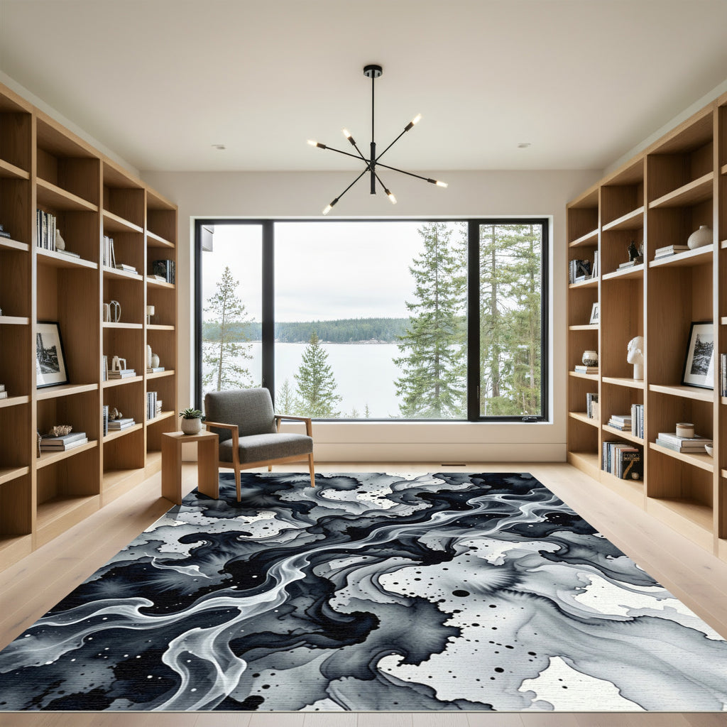 Black White Ink Cloud Swirl Rug