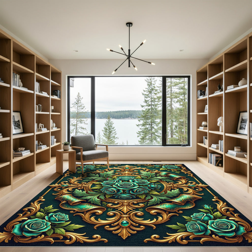 Emerald Roses Golden Scrollwork Harmony Rug