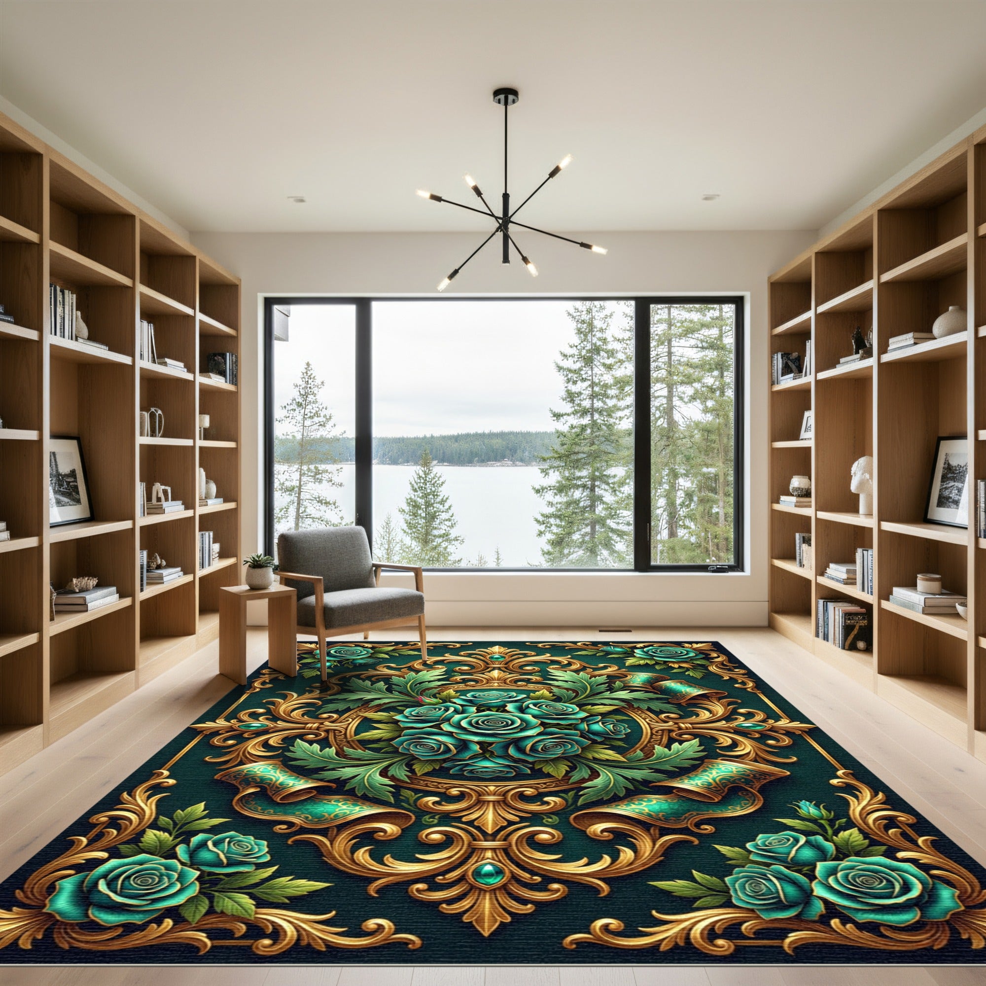 Emerald Roses Golden Scrollwork Harmony Rug