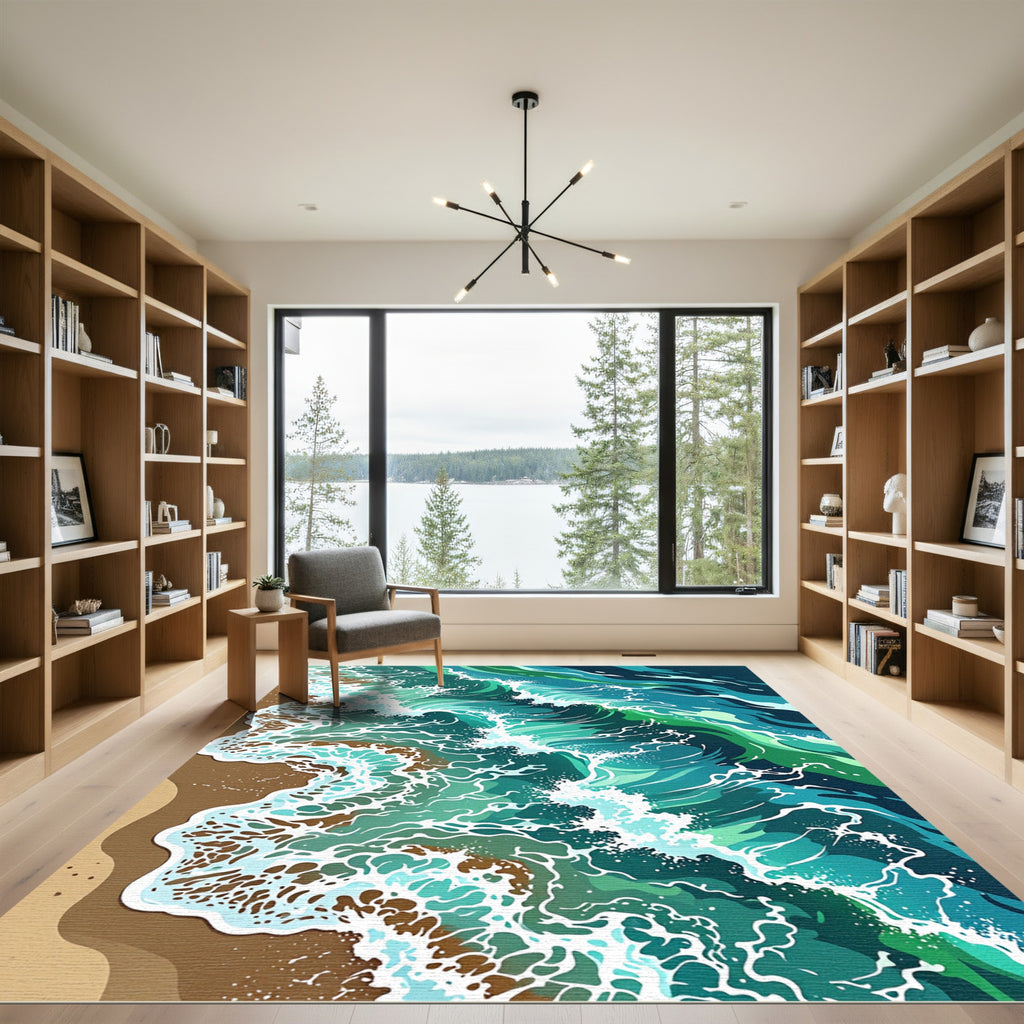 Abstract Teal Ocean Wave Art Rug