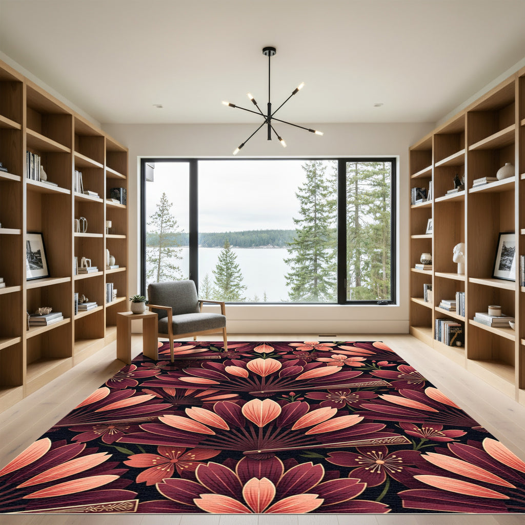 Deep Red Fan Blossom Garden Rug