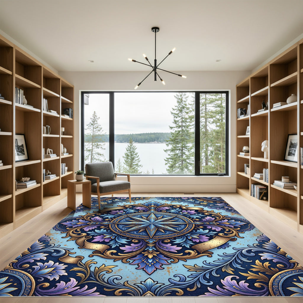 Ornate Compass Blue Gold Scroll Rug