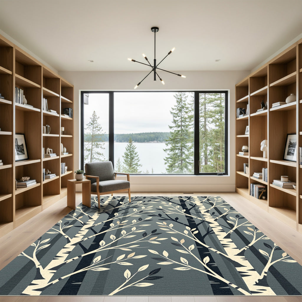 Modern Gray Birch Forest Leaves Rug