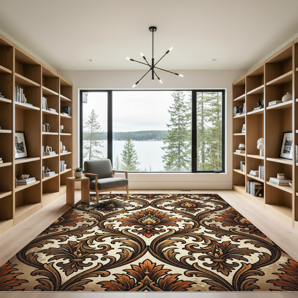 Ornate Brown Golden Acanthus Swirl Rug