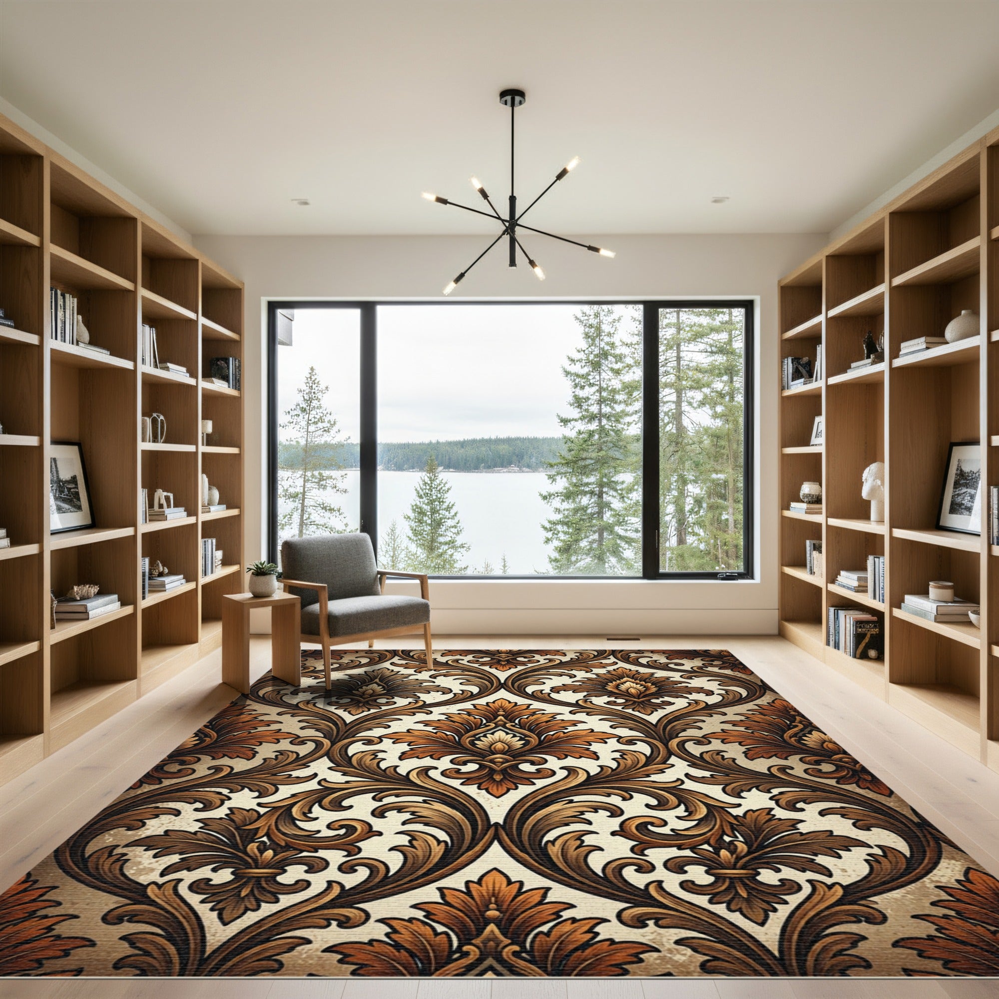 Ornate Brown Golden Acanthus Swirl Rug