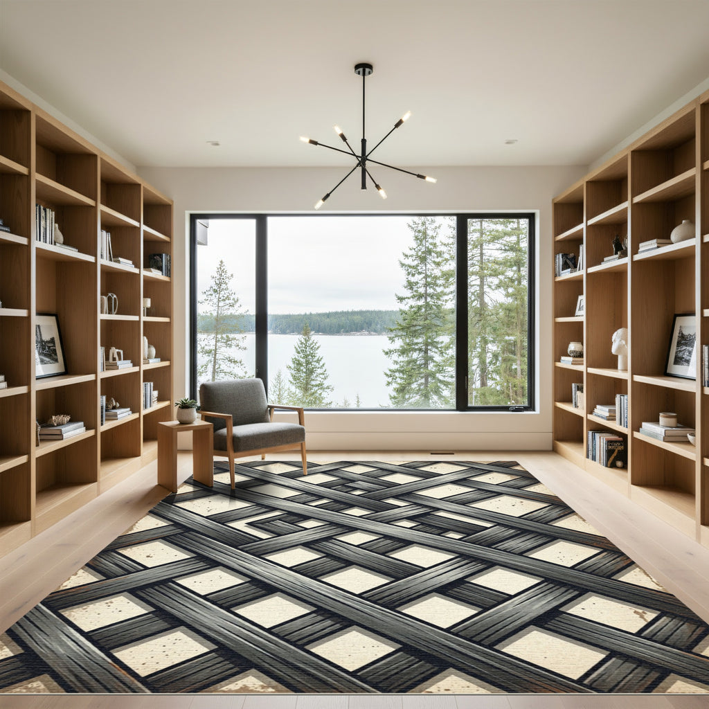 Dark Gray Woven Lattice Diamond Rug