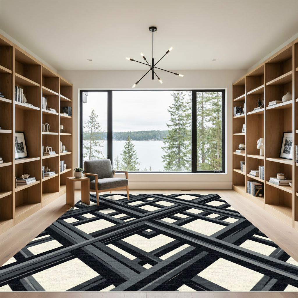 Monochrome Interlocking Geometric Grid Rug