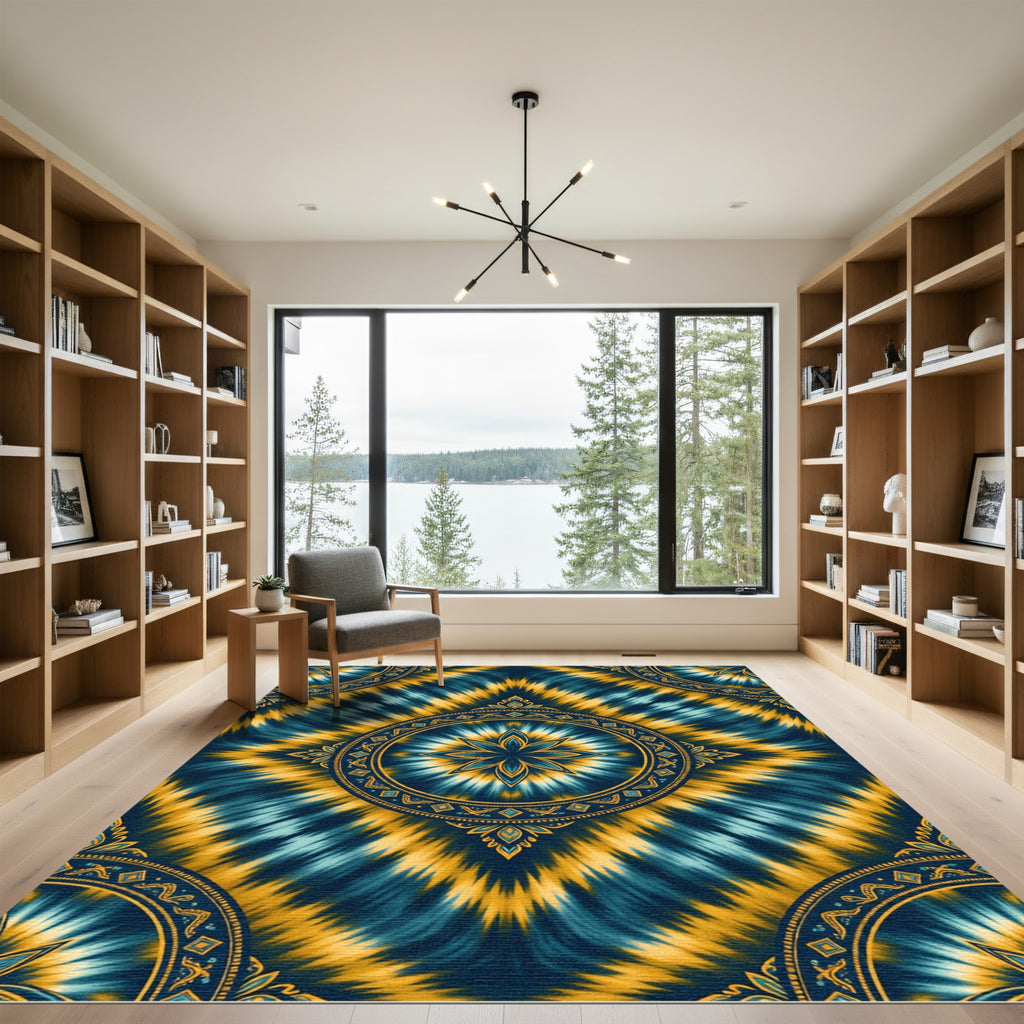 Radiant Blue Yellow Mandala Tie Dye Rug